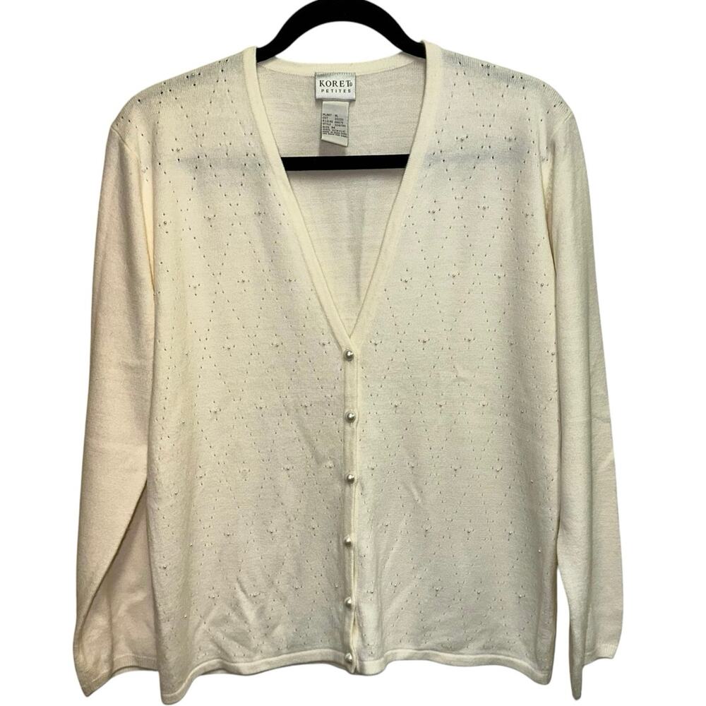 Koret Petites Medium Ivory Embellished Cardigan‎ Sweater Pearl Button V-Neck
